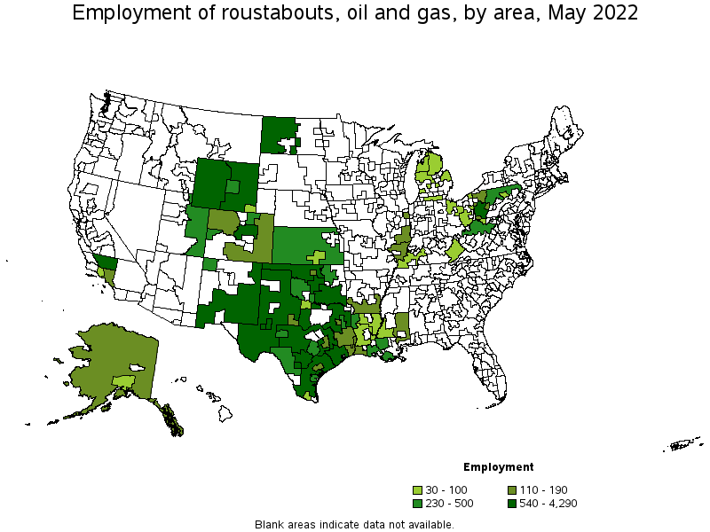 Map of employment of roustabouts, oil and gas by area, May 2022