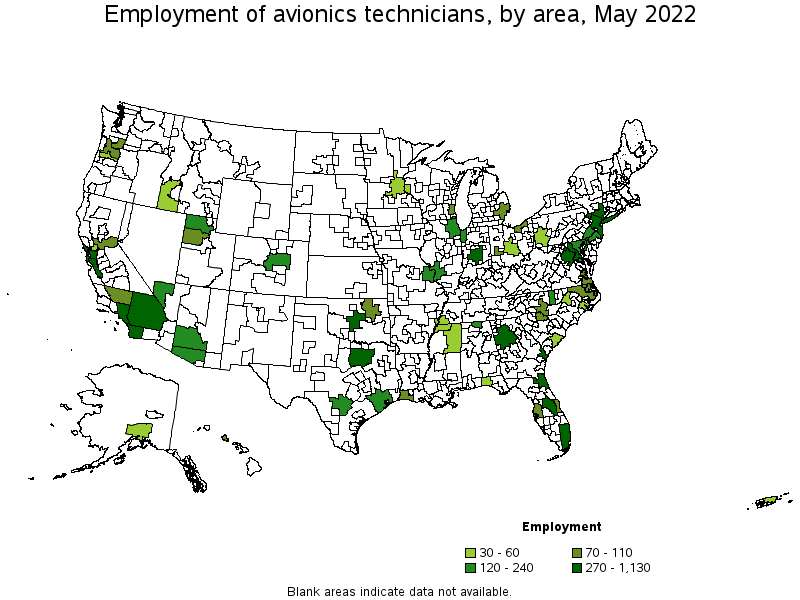 Map of employment of avionics technicians by area, May 2022