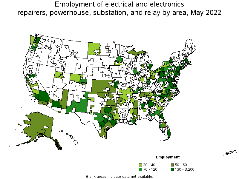 Map of employment of electrical and electronics repairers, powerhouse, substation, and relay by area, May 2022