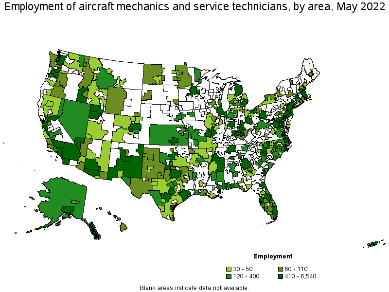 Map of employment of aircraft mechanics and service technicians by area, May 2022