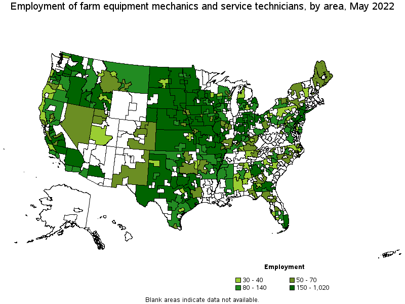 Map of employment of farm equipment mechanics and service technicians by area, May 2022