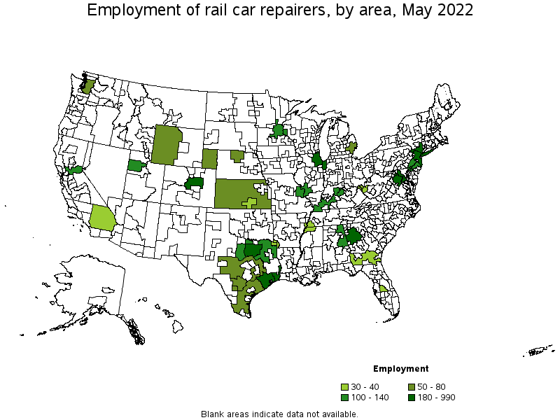Map of employment of rail car repairers by area, May 2022