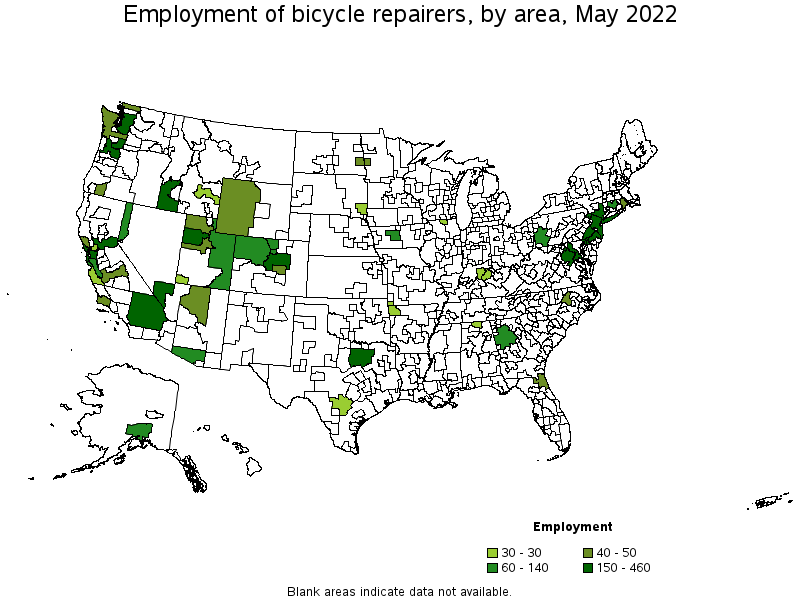 Map of employment of bicycle repairers by area, May 2022