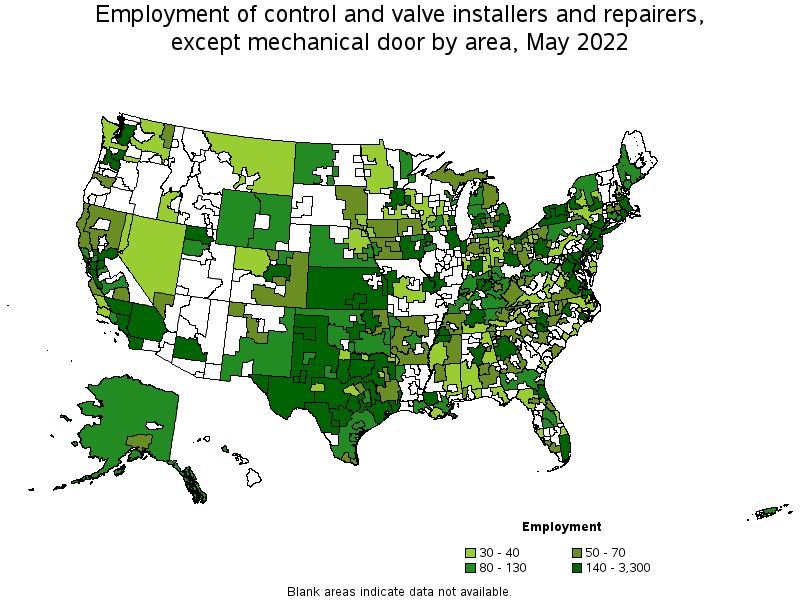 Map of employment of control and valve installers and repairers, except mechanical door by area, May 2022