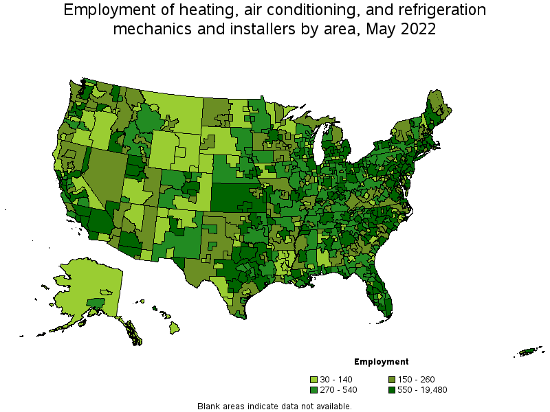 Map of employment of heating, air conditioning, and refrigeration mechanics and installers by area, May 2022