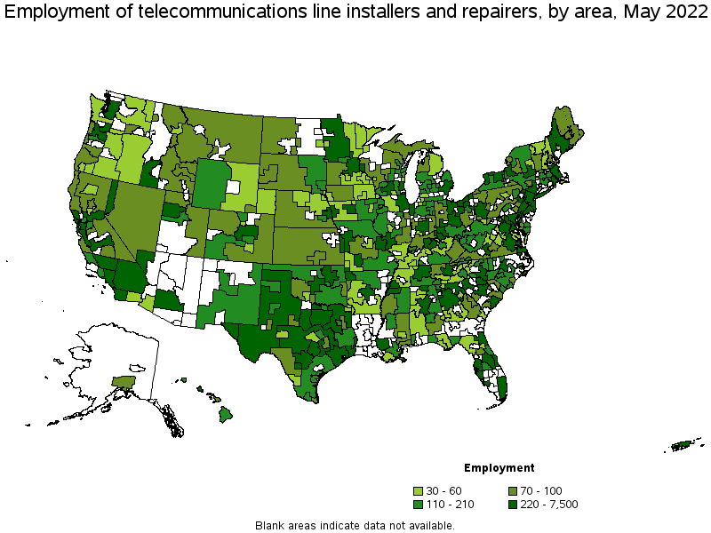 Map of employment of telecommunications line installers and repairers by area, May 2022