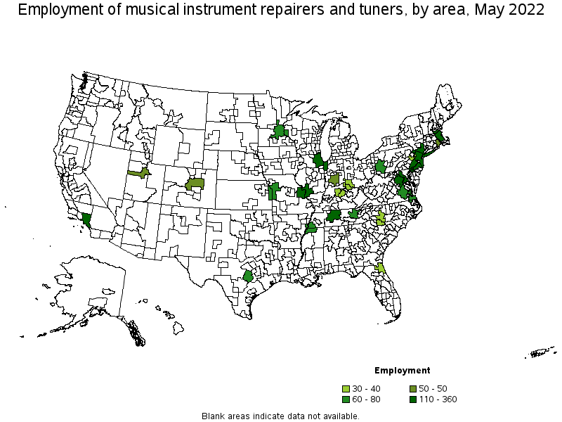 Map of employment of musical instrument repairers and tuners by area, May 2022