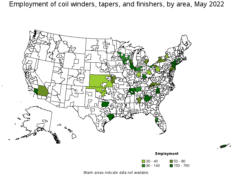 Map of employment of coil winders, tapers, and finishers by area, May 2022