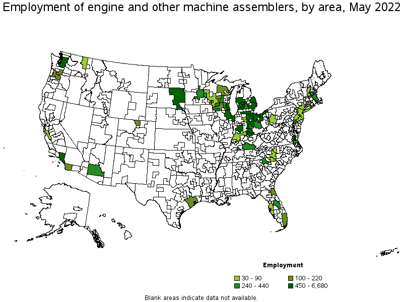 Map of employment of engine and other machine assemblers by area, May 2022