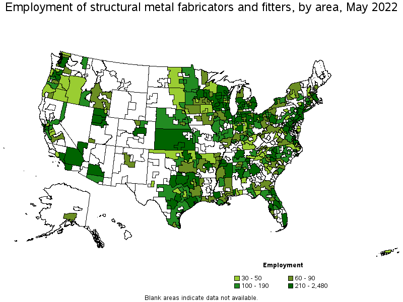 Map of employment of structural metal fabricators and fitters by area, May 2022