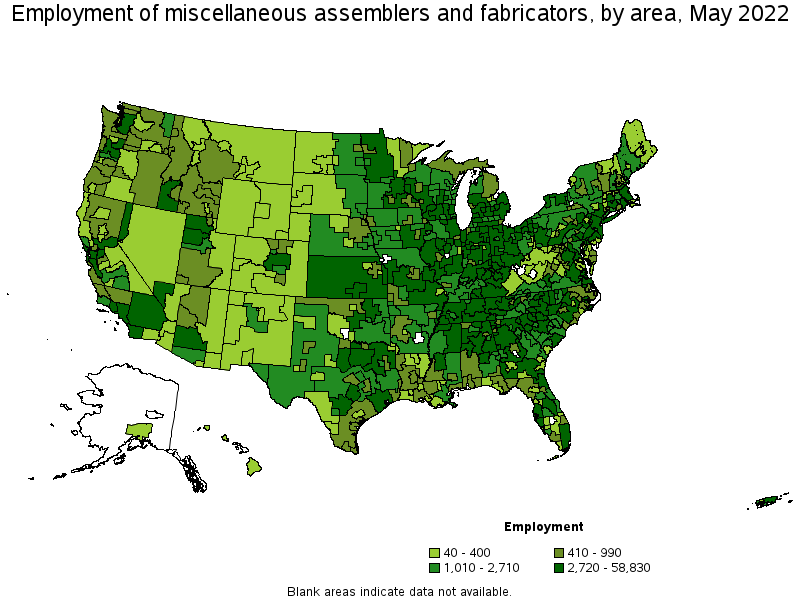 Map of employment of miscellaneous assemblers and fabricators by area, May 2022