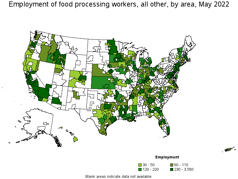Map of employment of food processing workers, all other by area, May 2022