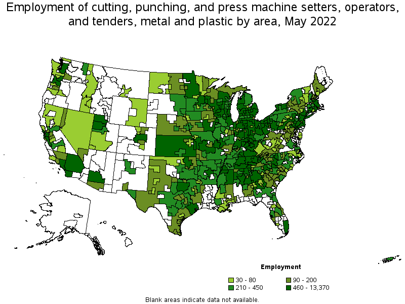 Map of employment of cutting, punching, and press machine setters, operators, and tenders, metal and plastic by area, May 2022