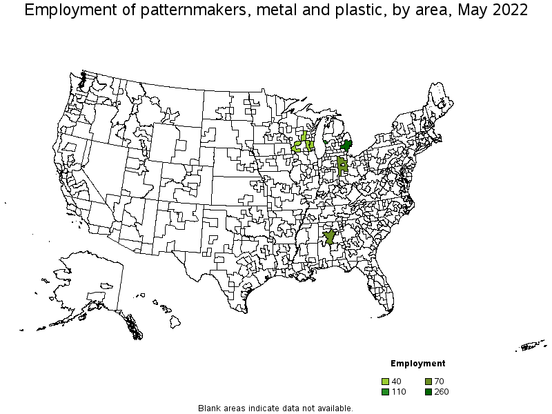 Map of employment of patternmakers, metal and plastic by area, May 2022