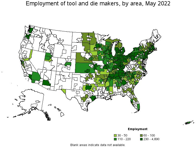 Map of employment of tool and die makers by area, May 2022