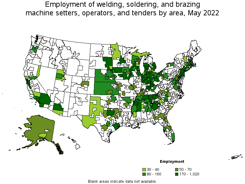 Map of employment of welding, soldering, and brazing machine setters, operators, and tenders by area, May 2022