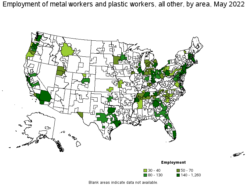 Map of employment of metal workers and plastic workers, all other by area, May 2022