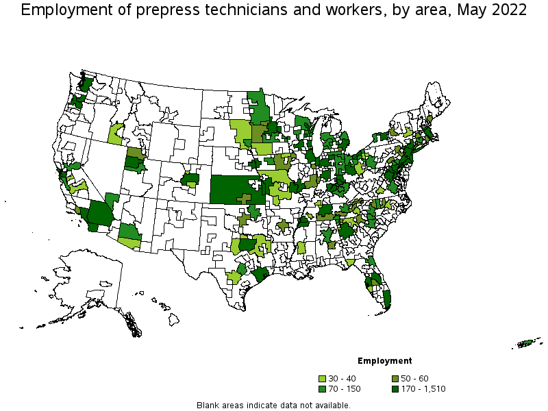 Map of employment of prepress technicians and workers by area, May 2022