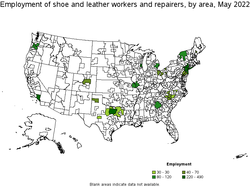 Map of employment of shoe and leather workers and repairers by area, May 2022