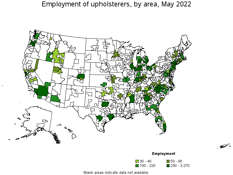 Map of employment of upholsterers by area, May 2022