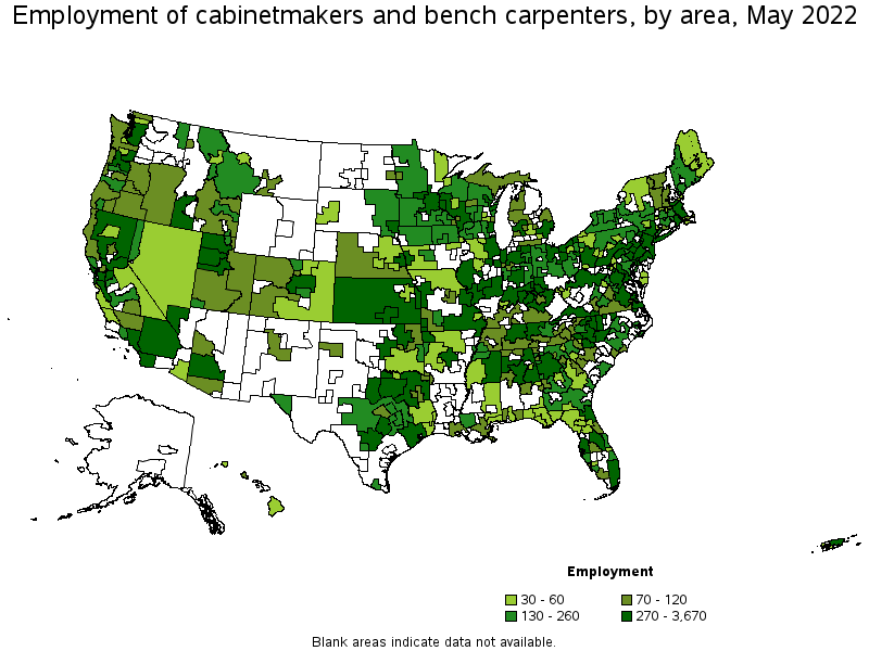 Map of employment of cabinetmakers and bench carpenters by area, May 2022