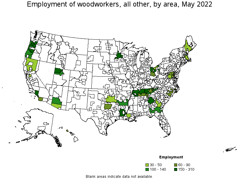 Map of employment of woodworkers, all other by area, May 2022