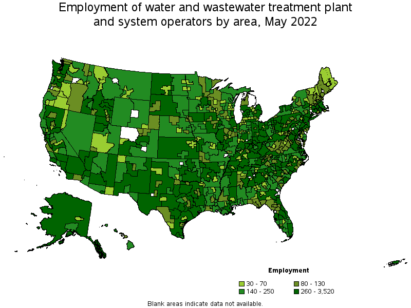 Map of employment of water and wastewater treatment plant and system operators by area, May 2022