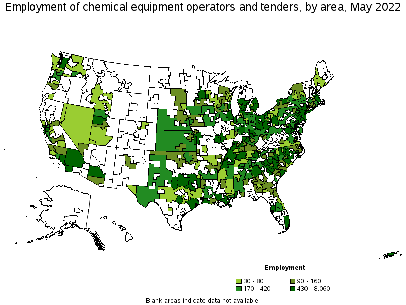 Map of employment of chemical equipment operators and tenders by area, May 2022