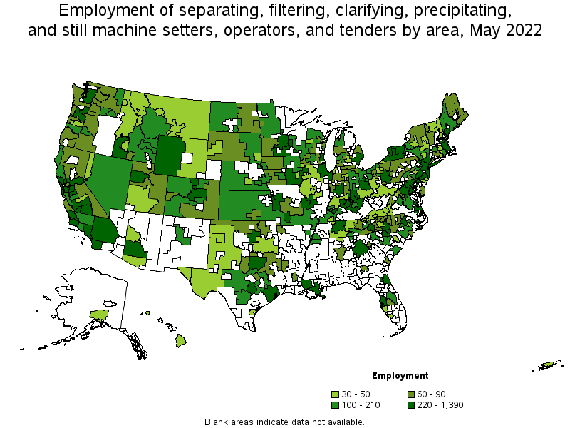 Map of employment of separating, filtering, clarifying, precipitating, and still machine setters, operators, and tenders by area, May 2022