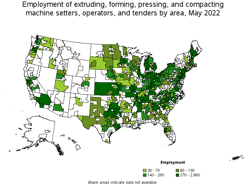 Map of employment of extruding, forming, pressing, and compacting machine setters, operators, and tenders by area, May 2022