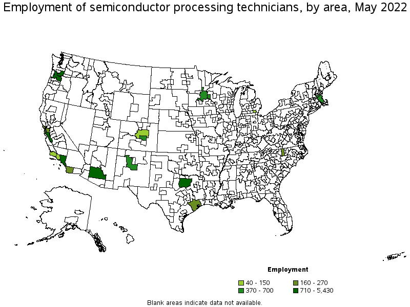 Map of employment of semiconductor processing technicians by area, May 2022