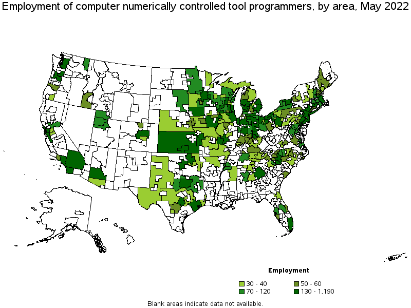 Map of employment of computer numerically controlled tool programmers by area, May 2022