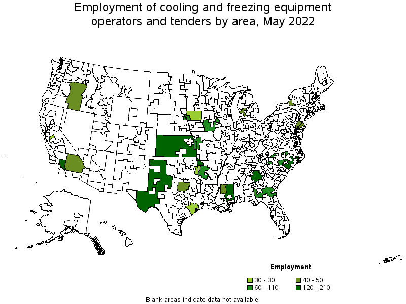 Map of employment of cooling and freezing equipment operators and tenders by area, May 2022