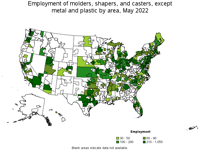 Map of employment of molders, shapers, and casters, except metal and plastic by area, May 2022