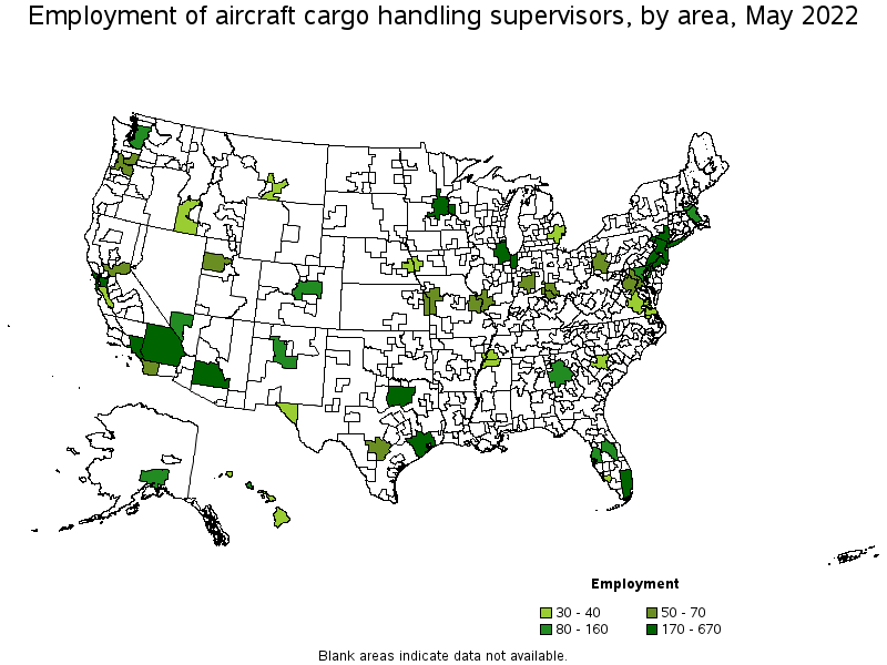 Map of employment of aircraft cargo handling supervisors by area, May 2022