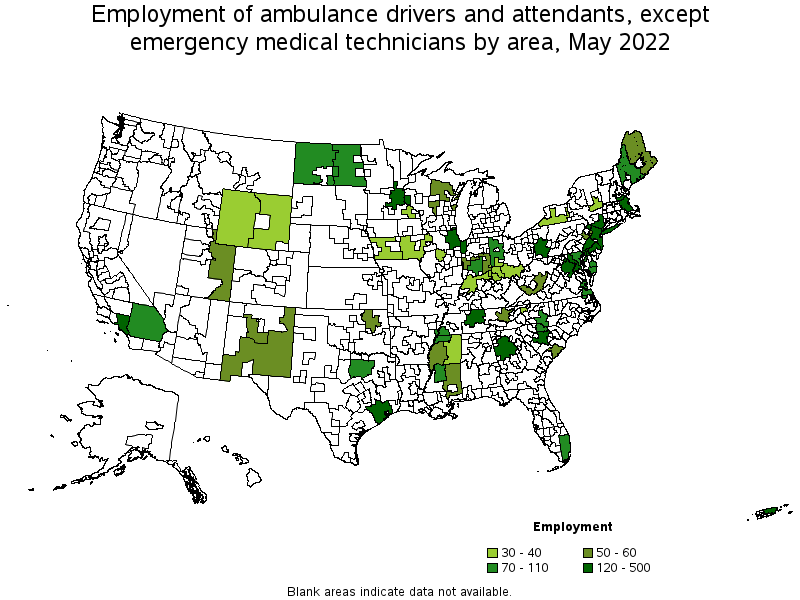 Map of employment of ambulance drivers and attendants, except emergency medical technicians by area, May 2022