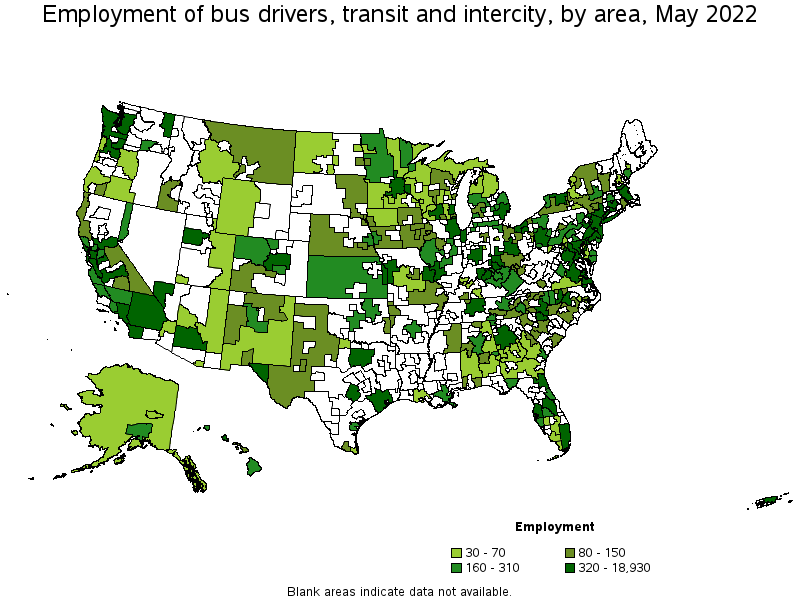 Map of employment of bus drivers, transit and intercity by area, May 2022