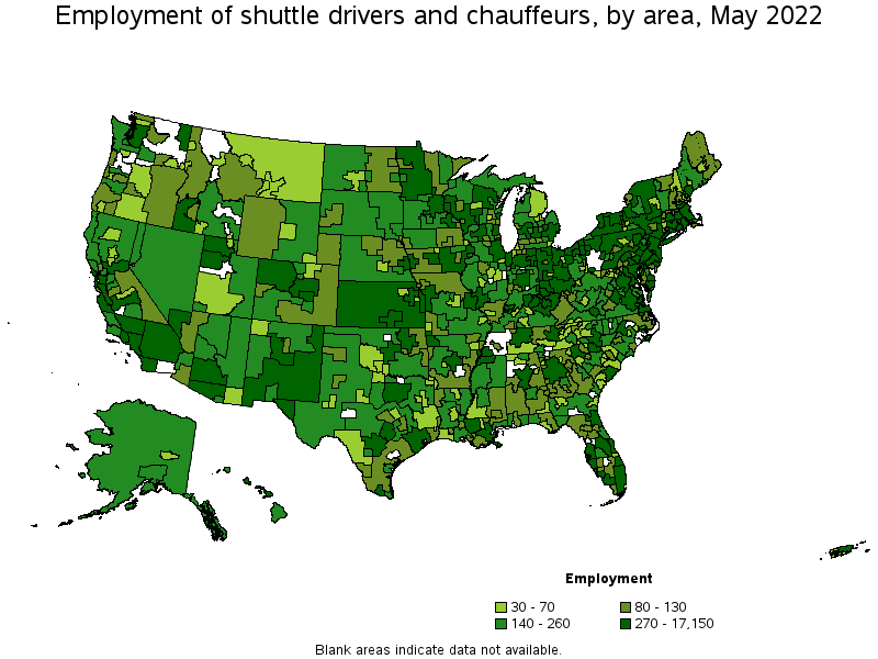 Map of employment of shuttle drivers and chauffeurs by area, May 2022