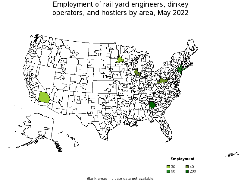 Map of employment of rail yard engineers, dinkey operators, and hostlers by area, May 2022