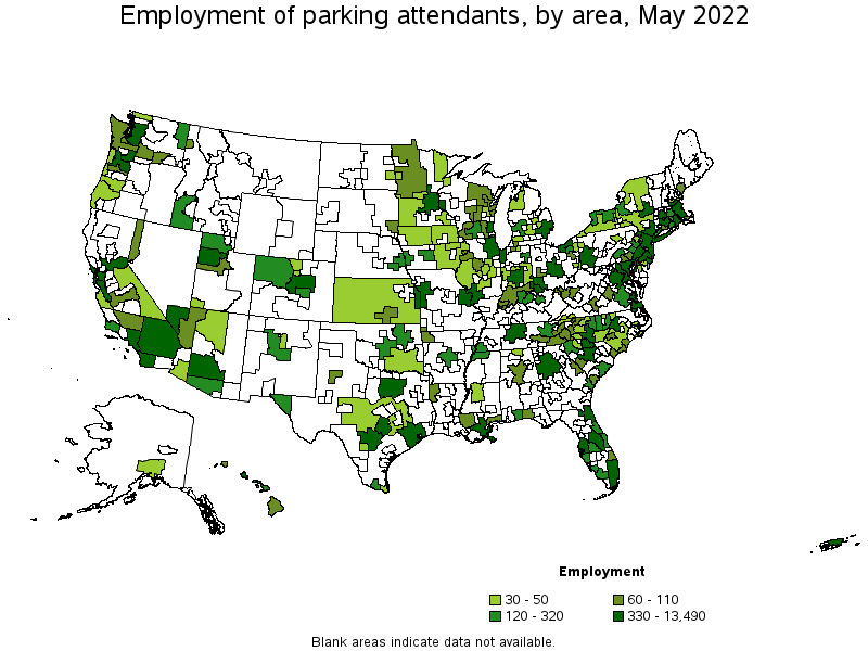 Map of employment of parking attendants by area, May 2022