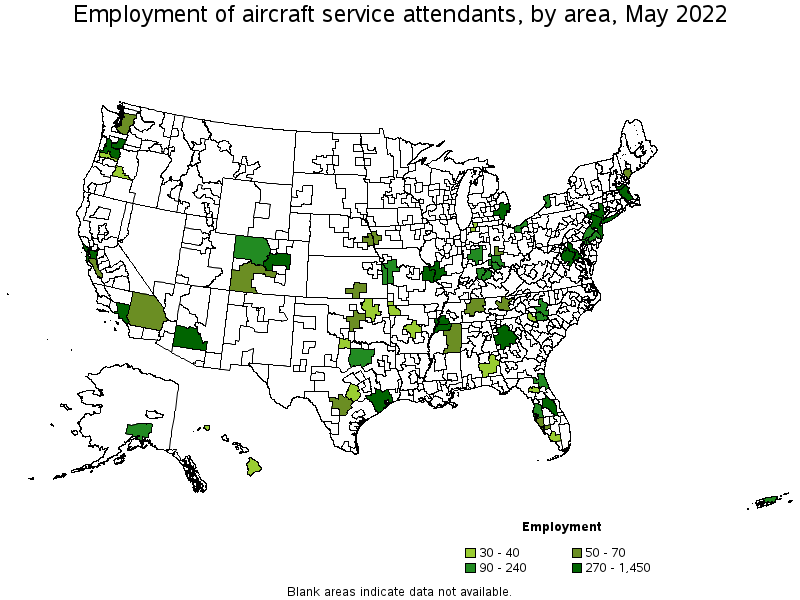 Map of employment of aircraft service attendants by area, May 2022