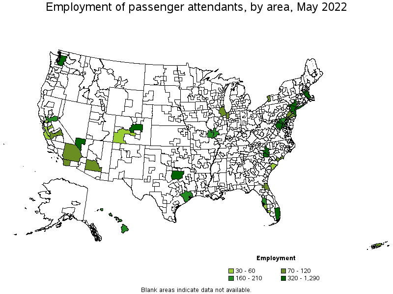 Map of employment of passenger attendants by area, May 2022