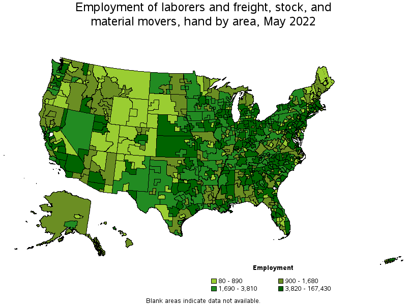 Map of employment of laborers and freight, stock, and material movers, hand by area, May 2022