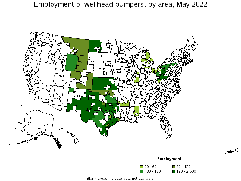 Map of employment of wellhead pumpers by area, May 2022