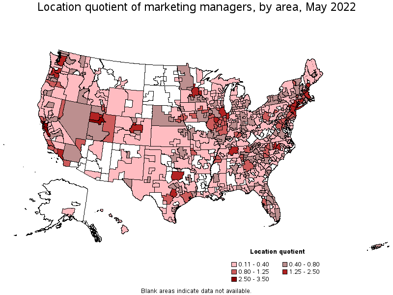 Map of location quotient of marketing managers by area, May 2022