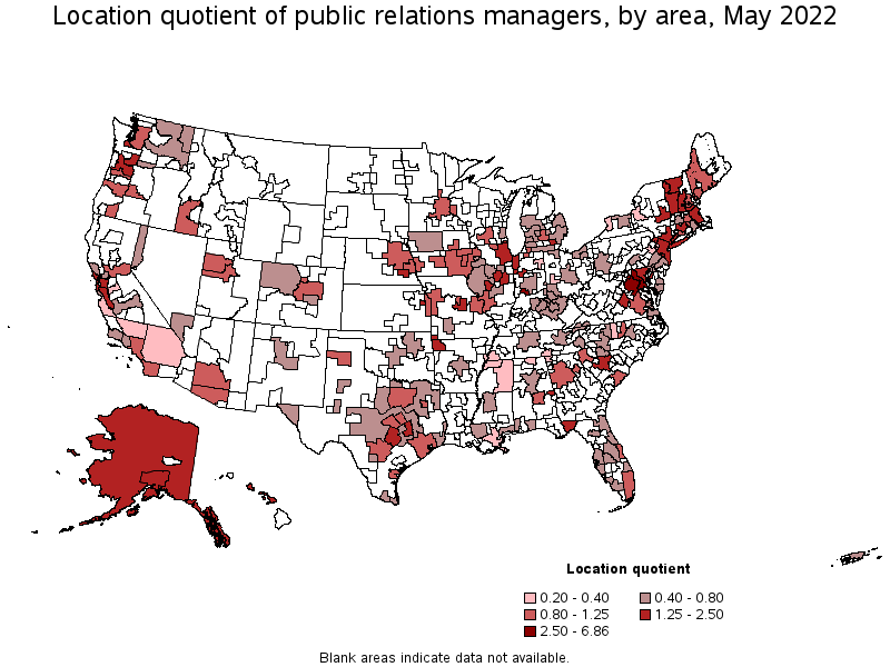 Map of location quotient of public relations managers by area, May 2022