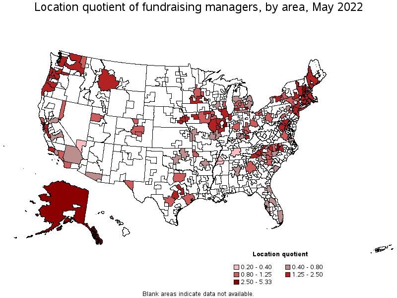 Map of location quotient of fundraising managers by area, May 2022