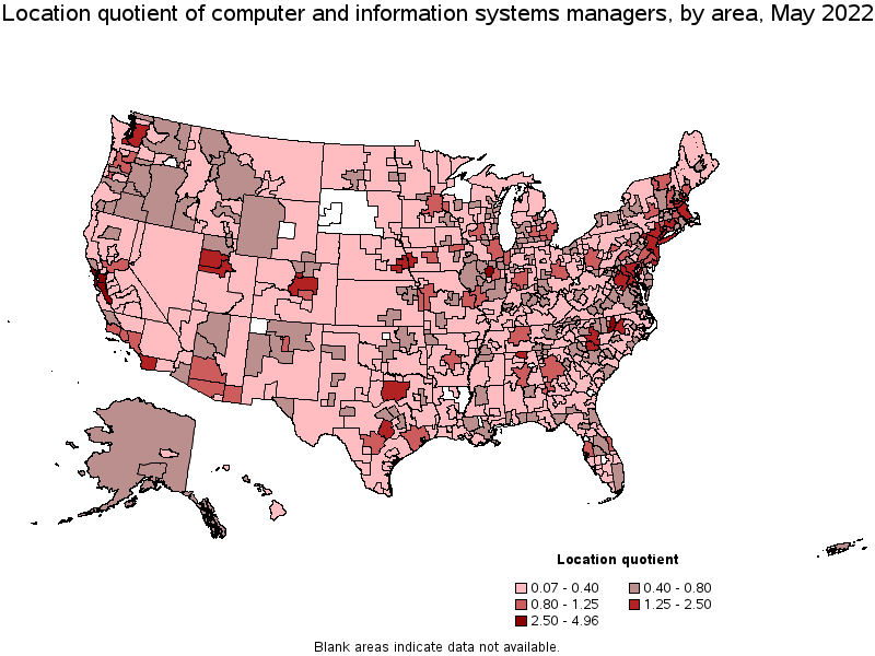 Map of location quotient of computer and information systems managers by area, May 2022