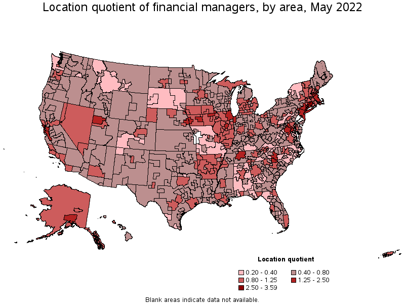 Map of location quotient of financial managers by area, May 2022