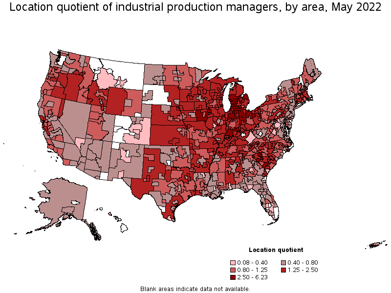 Map of location quotient of industrial production managers by area, May 2022